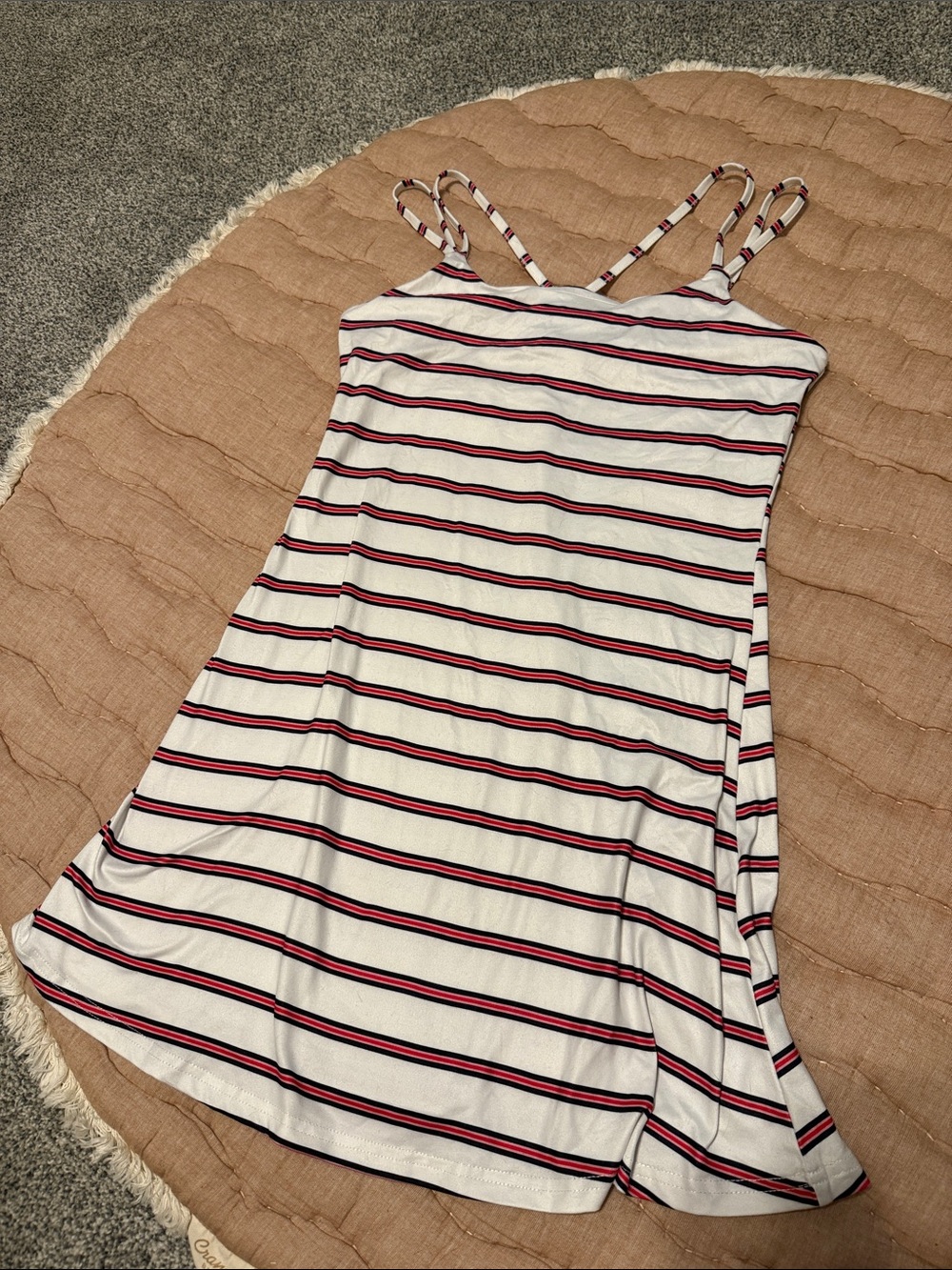 Striped Spaghetti Strap Tank Dress - White with Red & Navy Stripes